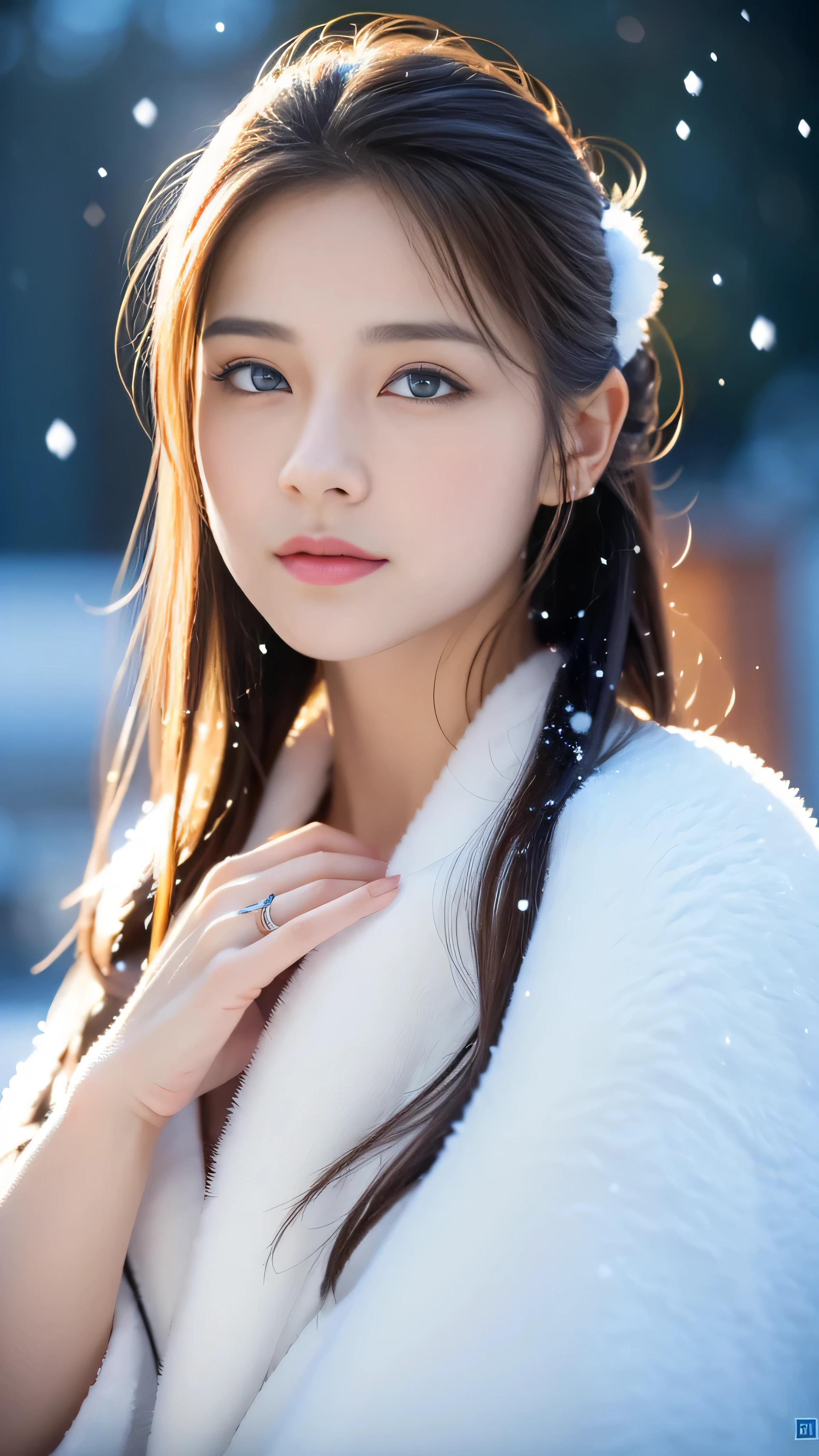 (highest quality, 8k, 32K,details are very clear),Realistic, High resolution, 1 Japanese Women, alone, (Lolita Costume),Gorgeous costumes,Facing the audience,(Upper Body,Upper limbs), Beautiful Eyes, brown hair, Ring-shaped eyes, (outside,Heavy snowfall,thick fur cape,Cover with snow),Snowfield,blue eyes,highest qualityのイラスト,Detailed facial features