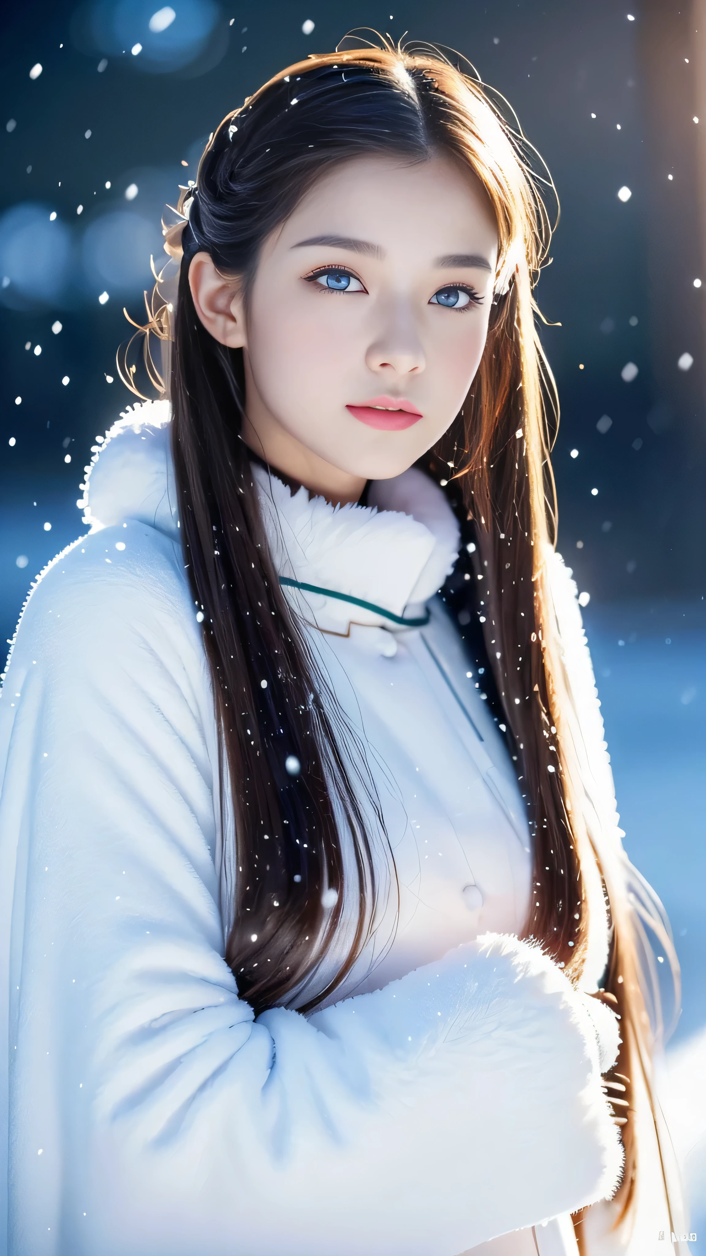 (highest quality, 8k, 32K，details are very clear),Realistic, High resolution, 1 Japanese Women, alone, (Lolita Costume)，Gorgeous costumes，Facing the audience，(Upper Body，Upper limbs)， Beautiful Eyes, brown hair, Ring-shaped eyes, (outside，Heavy snowfall，thick fur cape，Cover with snow)，Snowfield，blue eyes，highest qualityのイラスト，Detailed facial features