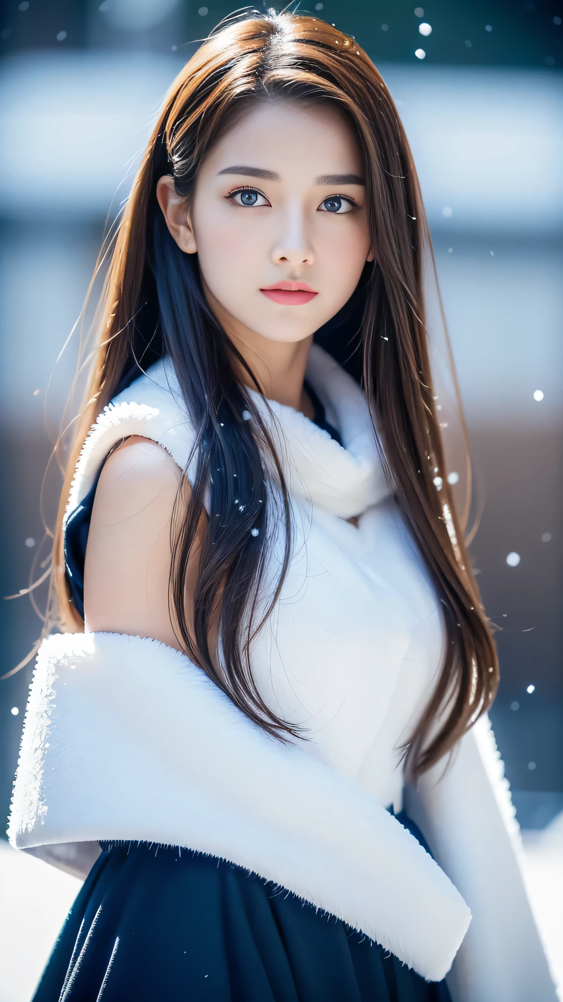 (highest quality, 8k, 32K,details are very clear),Realistic, High resolution, 1 Japanese Women, alone, (Lolita Costume),Gorgeous costumes,Facing the audience,(Upper Body,Upper limbs), Beautiful Eyes, brown hair, Ring-shaped eyes, (outside,Heavy snowfall,thick fur cape,Cover with snow),Snowfield,blue eyes,highest qualityのイラスト,Detailed facial features