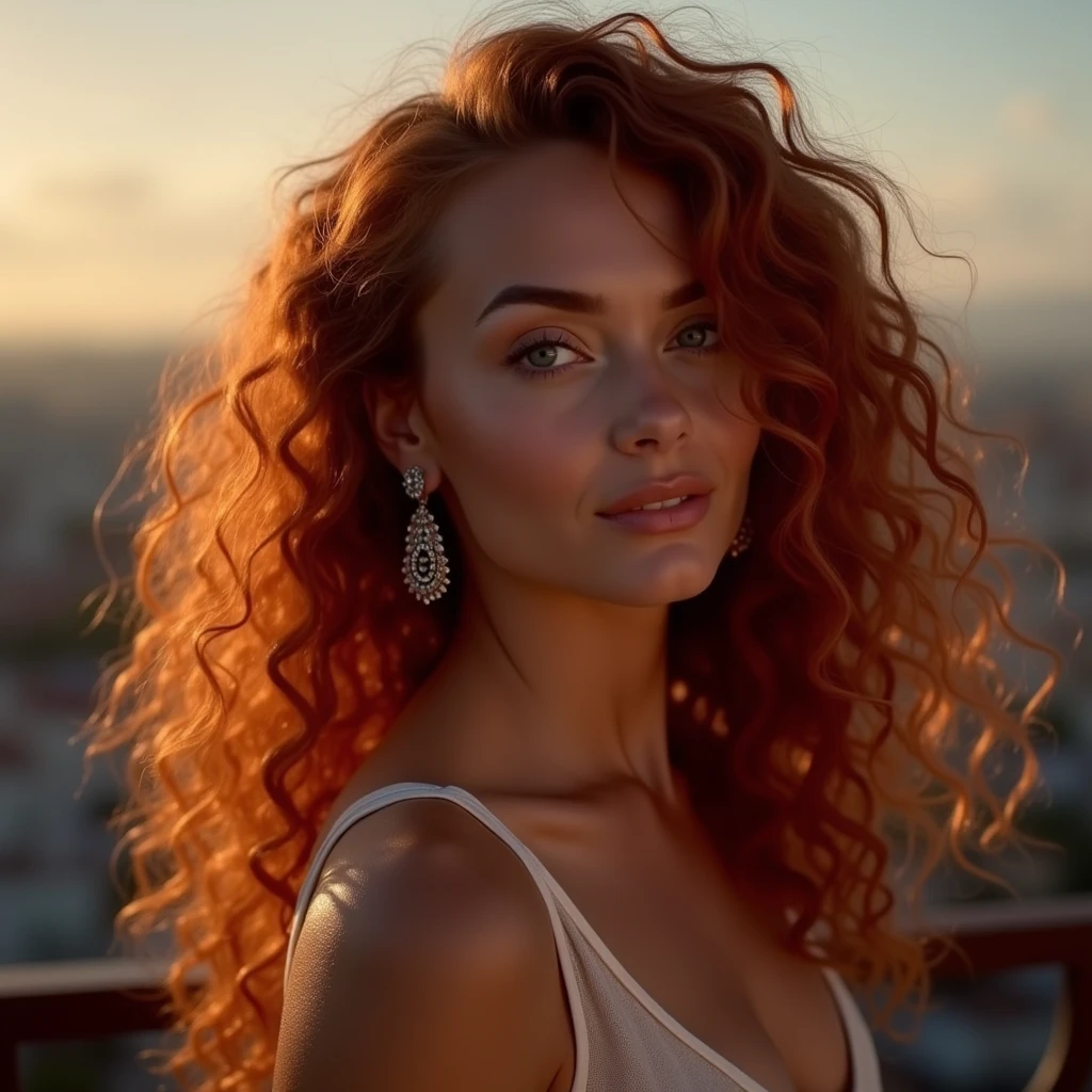(Realistic photo of a beautiful woman, 35 years old, grey eyes, full full lips, red hair, long curly hair, curls, tanned skin, jewellery, realistic, soft lighting, professional photography, photorealistic, detailed, RAW, sharp focus, ultra-high resolution, best quality, masterpiece, (best quality, high-resolution, ultra-detailed:1. 2), HDR, bright colours, full body, evening dress, curvy, sexy, smiling, full body pic, earrings, barcelona, rooftop bar