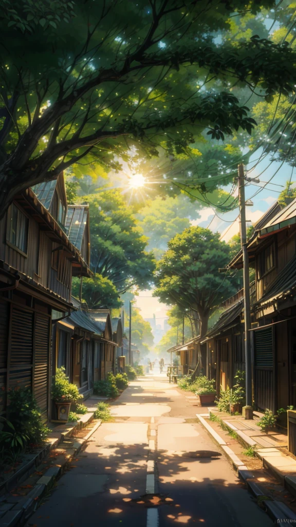 painting of the sun shines through the leaves of a tree, town, wall, makoto shinkai. high detail, overgrowth. by makoto shinkai, cgsociety 9, reflections. by makoto shinkai, makoto shinkai and (cain kuga), octane render. by makoto shinkai, 2. 5 d cgi anime fantasy artwork, anime. by makoto shinkai, chillhop, cozy home background, 4k professional painting, game, detailed key anime art, illustation, a beautiful artwork illustration, beautiful digital painting, highly detailed digital painting, beautiful digital artwork, detailed painting 4 k, very detailed digital painting, rich picturesque colors, gorgeous digital painting