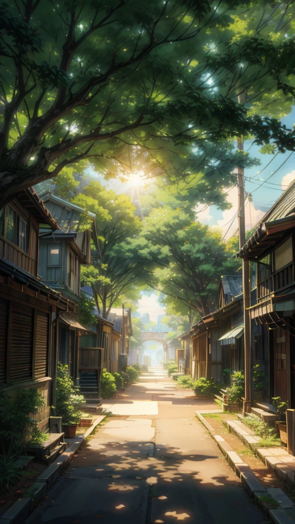 painting of the sun shines through the leaves of a tree, town, wall, makoto shinkai. high detail, overgrowth. by makoto shinkai, cgsociety 9, reflections. by makoto shinkai, makoto shinkai and (cain kuga), octane render. by makoto shinkai, 2. 5 d cgi anime fantasy artwork, anime. by makoto shinkai, chillhop, cozy home background, 4k professional painting, game, detailed key anime art, illustation, a beautiful artwork illustration, beautiful digital painting, highly detailed digital painting, beautiful digital artwork, detailed painting 4 k, very detailed digital painting, rich picturesque colors, gorgeous digital painting