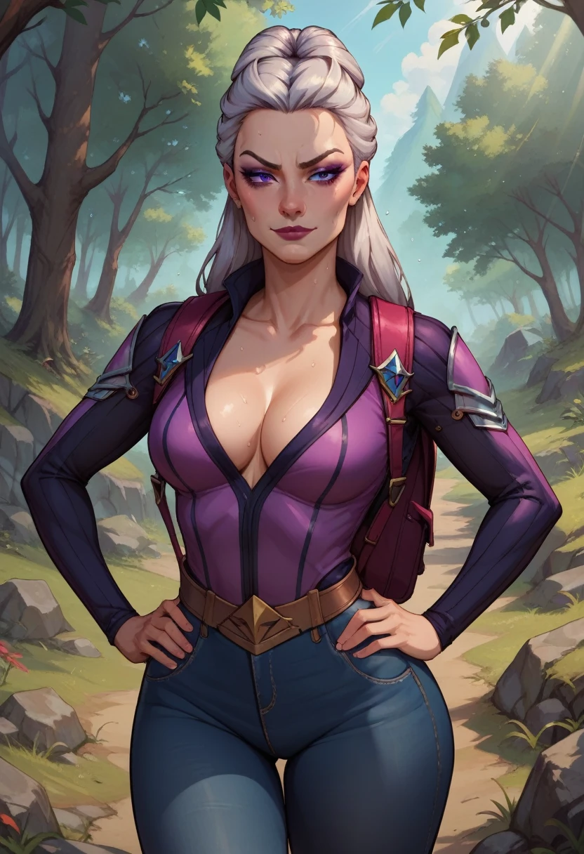 score_9, score_8_up, score_7_up, score_6_up, BREAK Sindel, wearing hiking outfit, backpack, cleavage, medium breasts, seductive smirk, hands holding own hips, sweating, wide hips, big ass, in a forest, jeans, long sleeved shirt