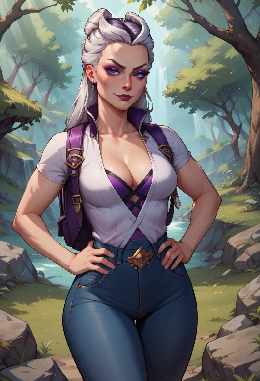 score_9, score_8_up, score_7_up, score_6_up, BREAK Sindel, wearing hiking outfit, backpack, cleavage, medium breasts, seductive smirk, hands holding own hips, sweating, wide hips, big ass, in a forest, jeans, long sleeved shirt