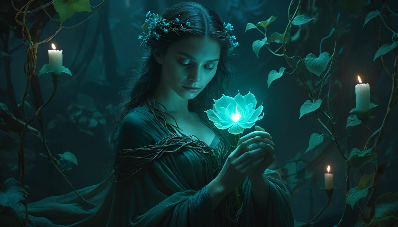 tempestmagic Invasive vines with paralyzing toxins,, Candlelight,, sharp focus, ethereal transparent cloth with a cyan glowing bloom, detailed, cinematic lighting, by Artgerm, Rutkowski, Mucha Klimt, Craig Mullins and, exoskeleton, digital art, trending on artstation