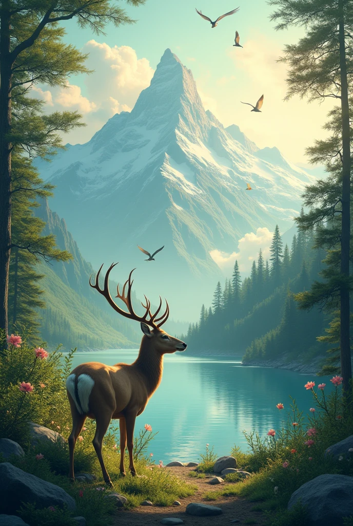 Create a deer in Nature with Mountains trees water sun and a little mystic touch ,birds,warm touch