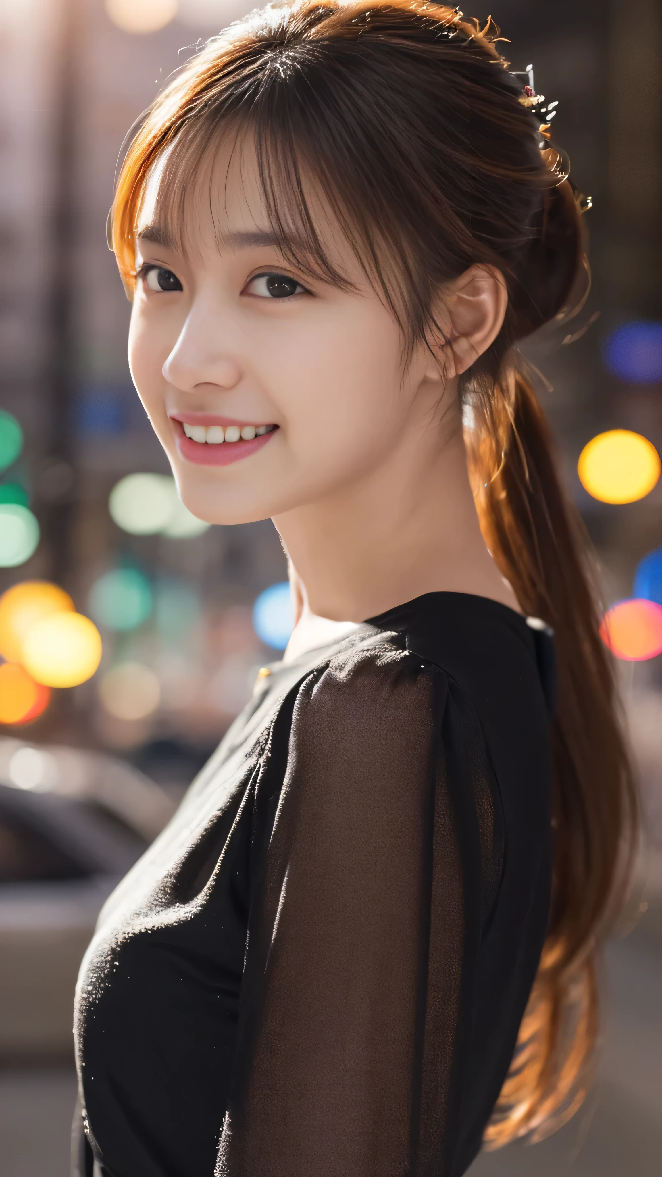 1 girl, (Wearing a black blouse:1.2), Beautiful Japanese actresses, (ponytail:1.3),
(RAW Photos, Highest quality), (Realistic, Photorealistic:1.4), masterpiece,
Very delicate and beautiful, Very detailed, 2k wallpaper, wonderful,
finely, Very detailed CG Unity 8k 壁紙, Very detailed, High resolution,
Soft Light, Beautiful detailed girl, Very detailed目と顔, Beautiful and detailed nose, Beautiful and detailed, Cinema Lighting,
BREAK
(Snowy night cityscape as background 1.3), City lights,
Perfect Anatomy, Slender body, smile, Face the front completely, Looking at the camera