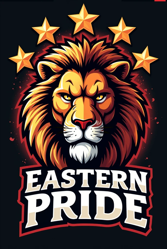 A fearless lion roaring with half of it face shaped like a basketball and five yellow stars surrounding it and at the bottom is printed the team name Eastern Pride in bold black and white fancy front
