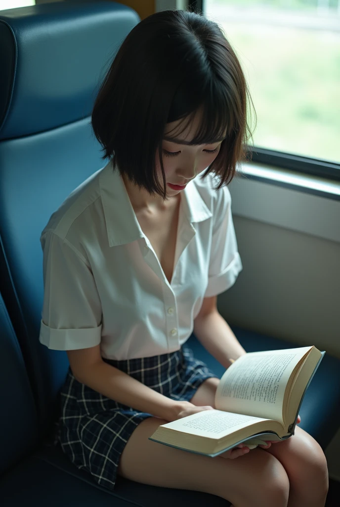 High school girl sitting on train seat、Camera angle from above of high school girl:1.3、A little bit of cleavage and bra is visible from above.、High school girl in school uniform、Checkered mini skirt、A high school girl looking down and reading a book:1.3、Bob Hair、White long-sleeved collared shirt、Small breasts、