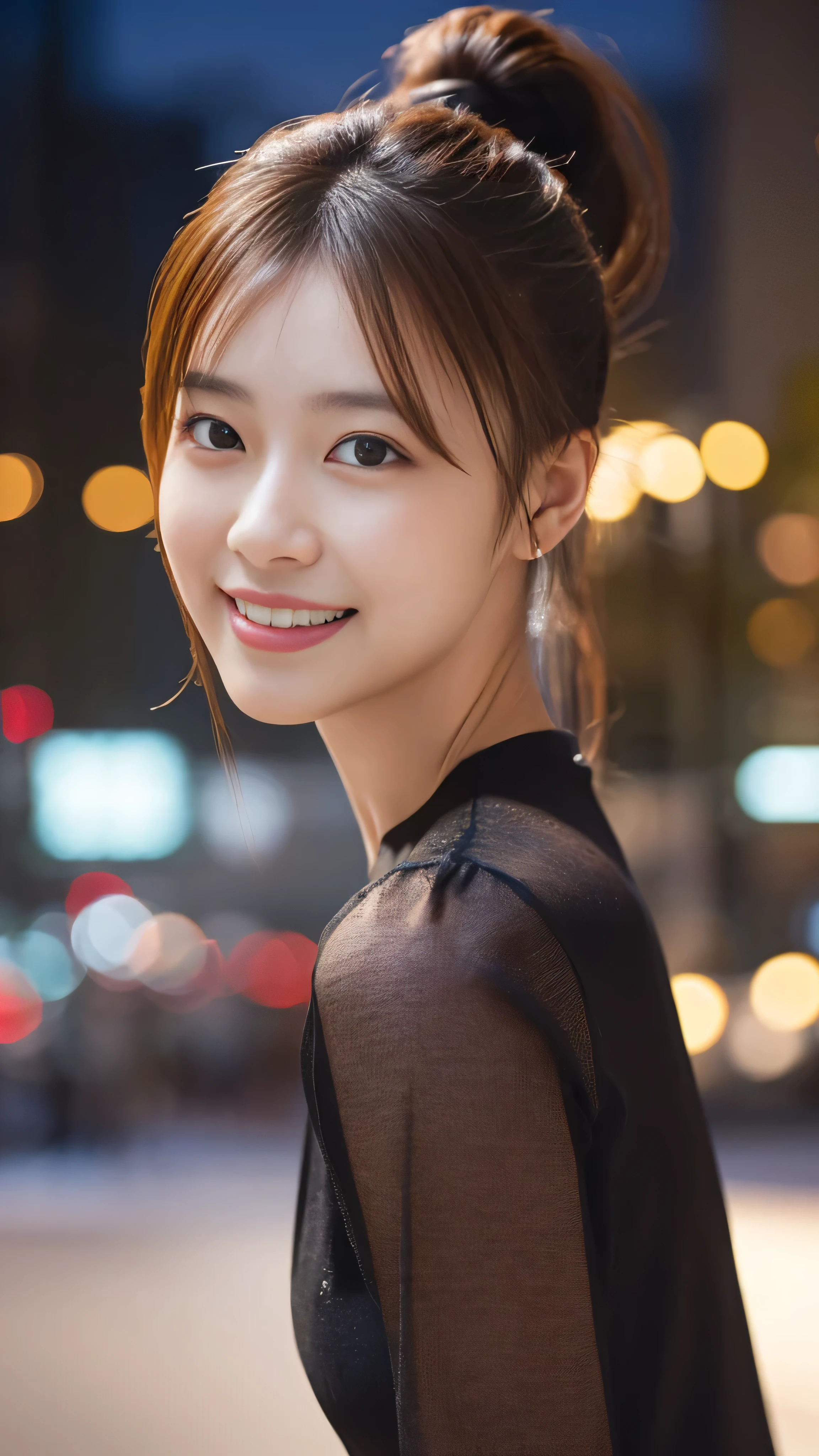1 girl, (Wearing a black blouse:1.2), Beautiful Japanese actresses, (ponytail:1.3),
(RAW Photos, Highest quality), (Realistic, Photorealistic:1.4), masterpiece,
Very delicate and beautiful, Very detailed, 2k wallpaper, wonderful,
finely, Very detailed CG Unity 8k 壁紙, Very detailed, High resolution,
Soft Light, Beautiful detailed girl, Very detailed目と顔, Beautiful and detailed nose, Beautiful and detailed, Cinema Lighting,
BREAK
(Snowy night cityscape as background 1.3), City lights,
Perfect Anatomy, Slender body, smile, Face the front completely, Looking at the camera