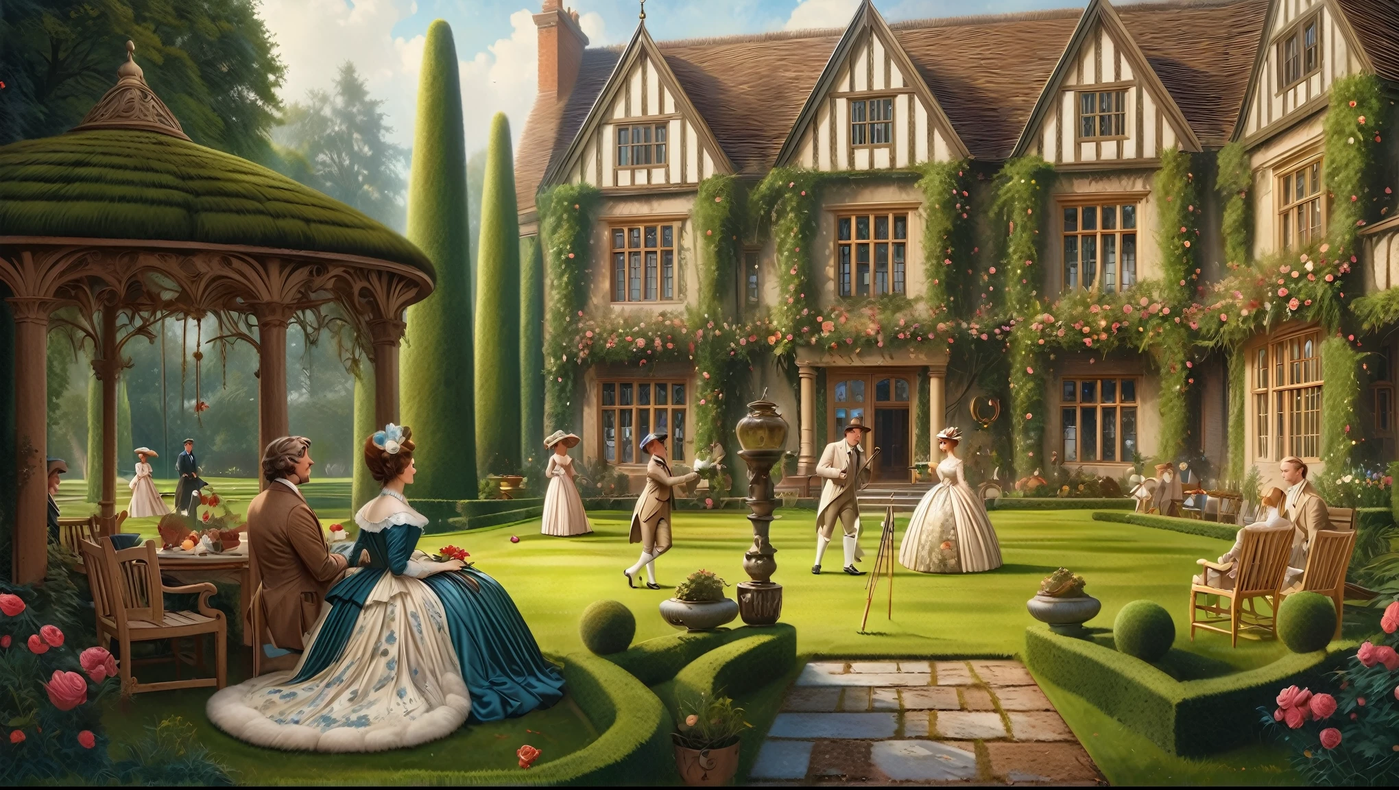 painting of a group of people in formal dress in a garden, fantasy victorian art, victorian england style, inspired by Christoffer Wilhelm Eckersberg, michael cheval (unreal engine, by Alexander Kucharsky, beautiful render of a fairytale, victorian era, 1 8 5 0 s style painting, victorian manor, tom bagshaw weta studio, inspired by Edmund Leighton