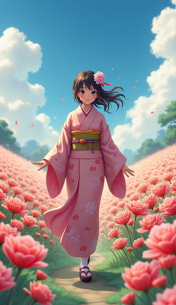 A girl walking through a vibrant flower field, wearing a detailed kimono, beautiful eyes and lips, smiling in a serene anime landscape, (best quality,4k,8k,highres,masterpiece:1.2),ultra-detailed,(realistic,photorealistic,photo-realistic:1.37),intricate details,enchanting colors,soft lighting,highly detailed,delicate petals,lush vegetation,tranquil atmosphere