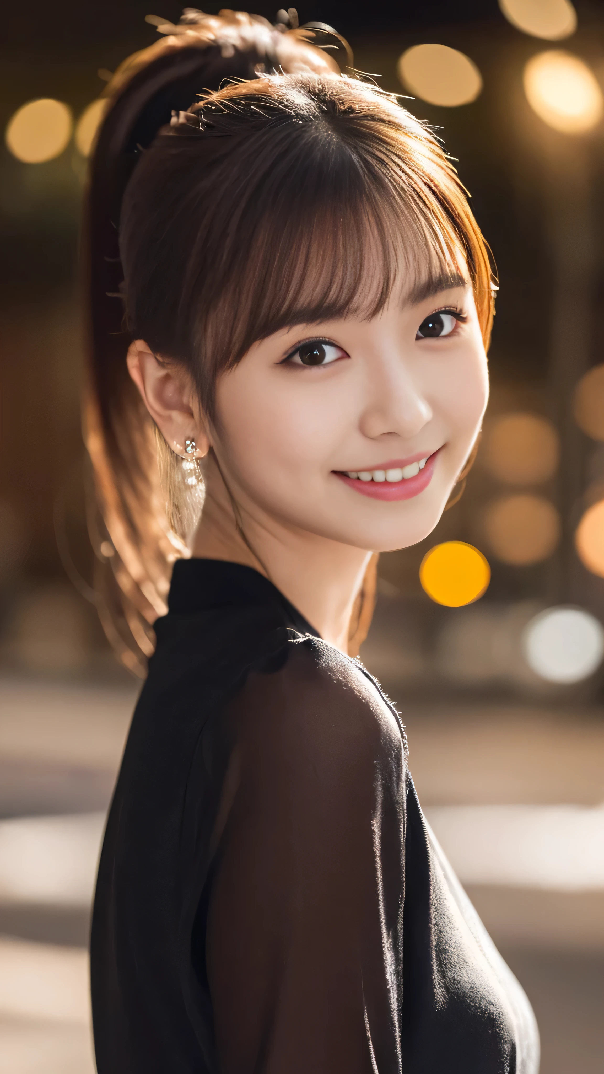 1 girl, (Wearing a black blouse:1.2), Beautiful Japanese actresses, (ponytail:1.3),
(RAW Photos, Highest quality), (Realistic, Photorealistic:1.4), masterpiece,
Very delicate and beautiful, Very detailed, 2k wallpaper, wonderful,
finely, Very detailed CG Unity 8k 壁紙, Very detailed, High resolution,
Soft Light, Beautiful detailed girl, Very detailed目と顔, Beautiful and detailed nose, Beautiful and detailed, Cinema Lighting,
BREAK
(Snowy night cityscape as background 1.3), City lights,
Perfect Anatomy, Slender body, smile, Face the front completely, Looking at the camera