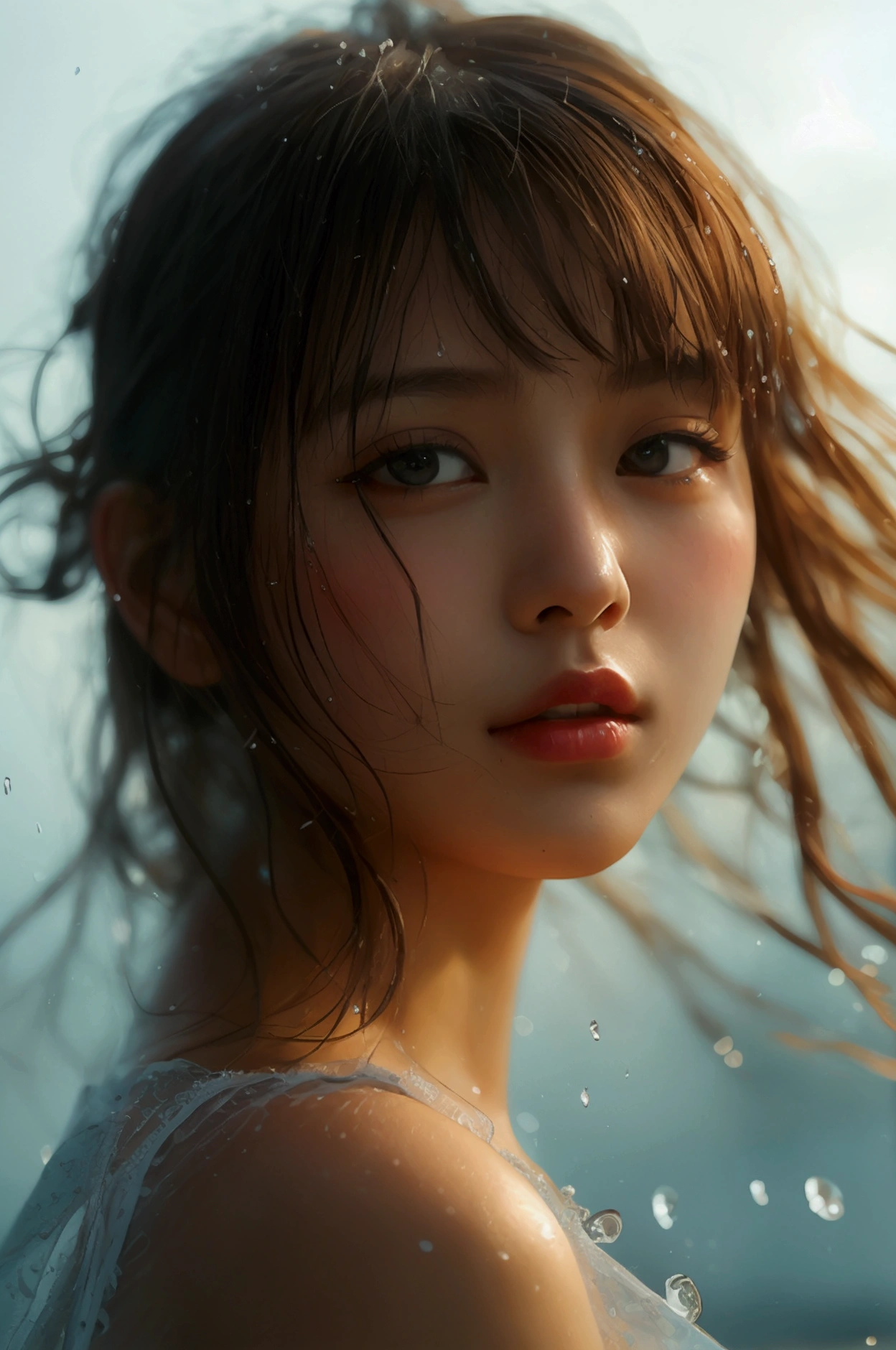 (8k, Photorealistic, Raw photo, Highest quality: 1.4),Japanese idol-style beautiful girl,1 person,,(Short Bob),(Black),She has her hair tucked behind her ears,Raindrops dripping from hair,Clear grey eyes,Eyes moist,Long eyelashes(piercings(small)),(Lip gloss),lips(Plump,glossy),Thin and delicate shoulders,thin abdomen,(Open shirt),(Pleated skirt(Plaid)),(loafers(Black)),summer,Sudden squall,Soaked from head to toe,My shirt is wet and transparent,On the way home from school,Under the eaves of the store,Looking out at the rainy street,Long shot from across the street,Full body portrait