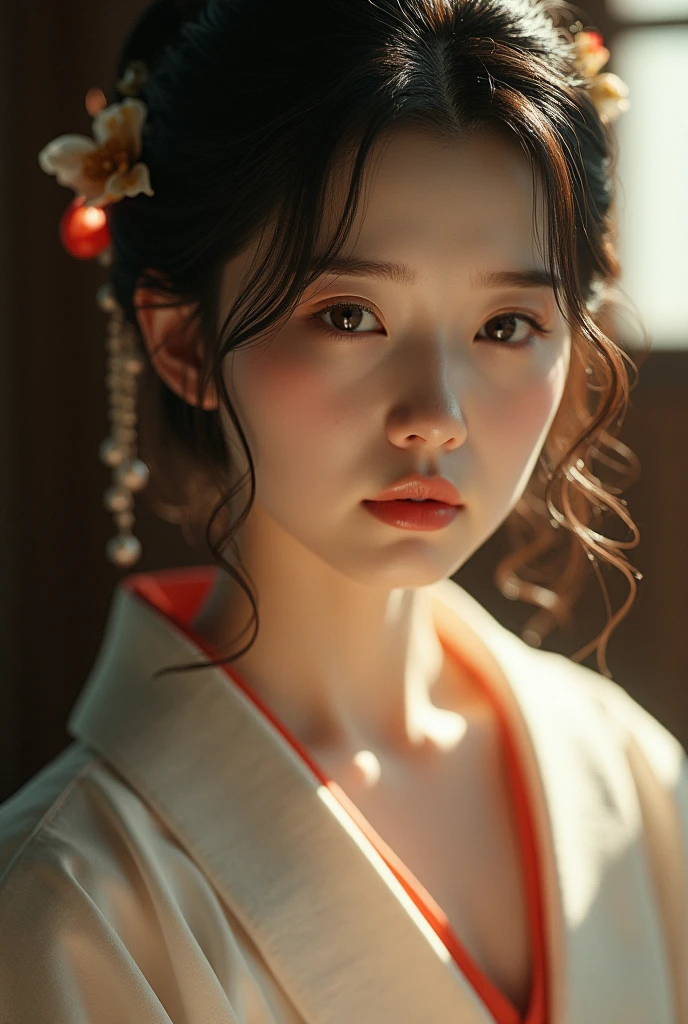 An elegantly dressed Japanese woman in natural light、A close-up of her chest and calm expression.、It shows her inner peace and outer charm.。