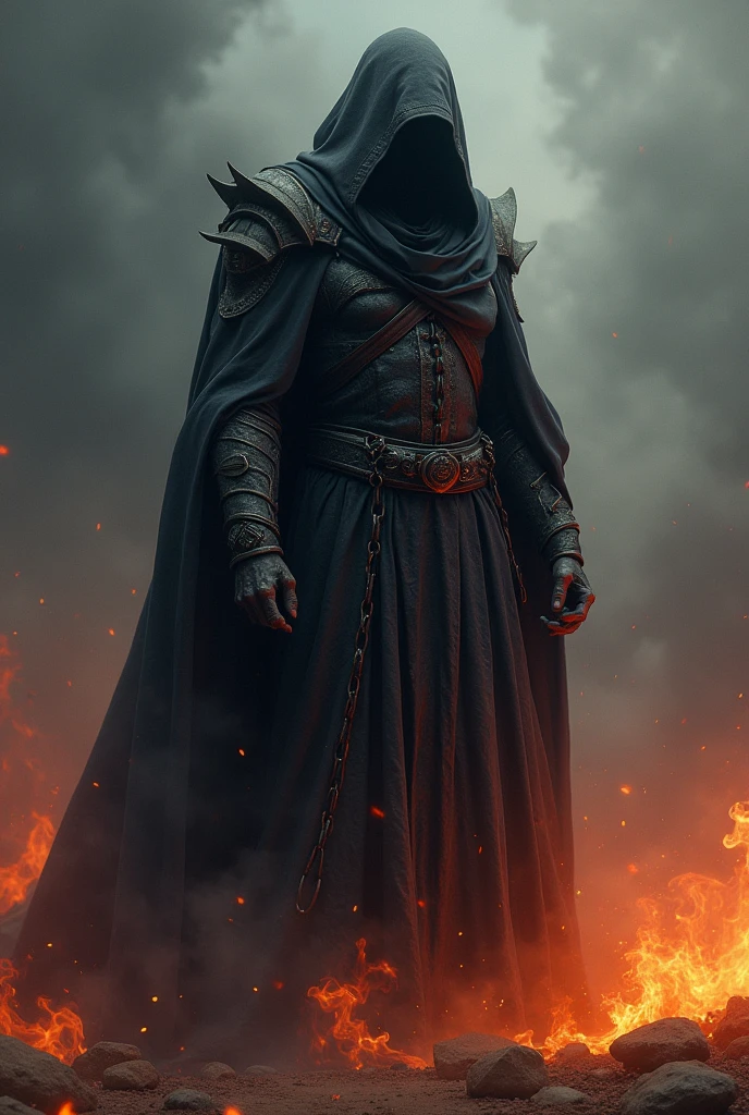 (((Very detailed, Ultra-realistic, 8k, High resolution, masterpiece))),giant god of death,Shabby cloak,fire,lightning,Black Smoke,Sickle(((Random Pause))),