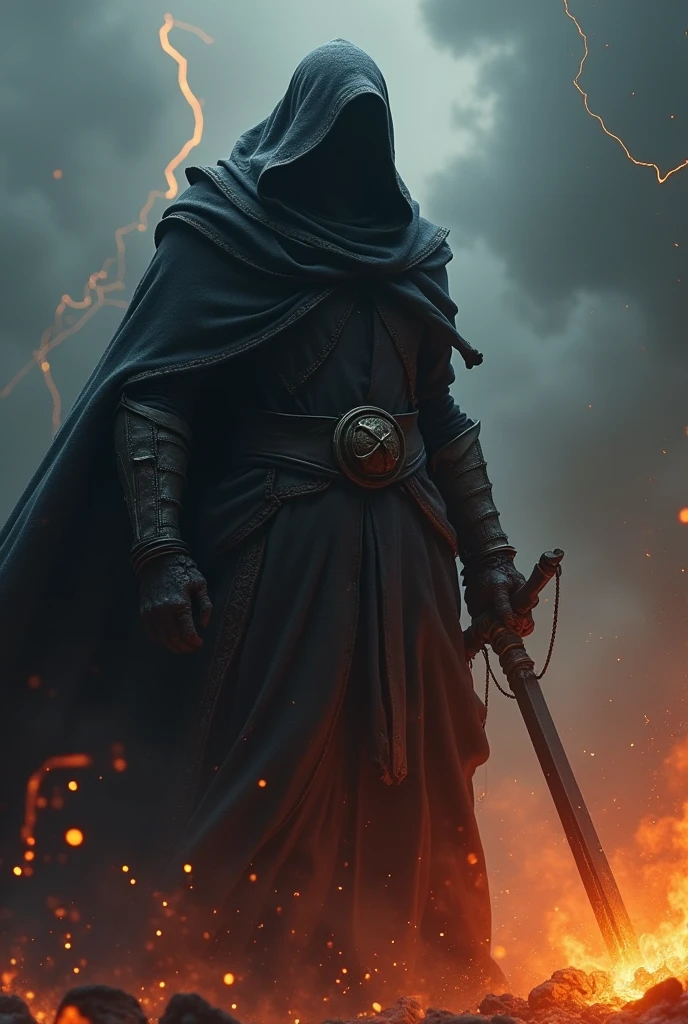 (((Very detailed, Ultra-realistic, 8k, High resolution, masterpiece))),giant god of death,Shabby cloak,fire,lightning,Black Smoke,Sickle(((Random Pause))),