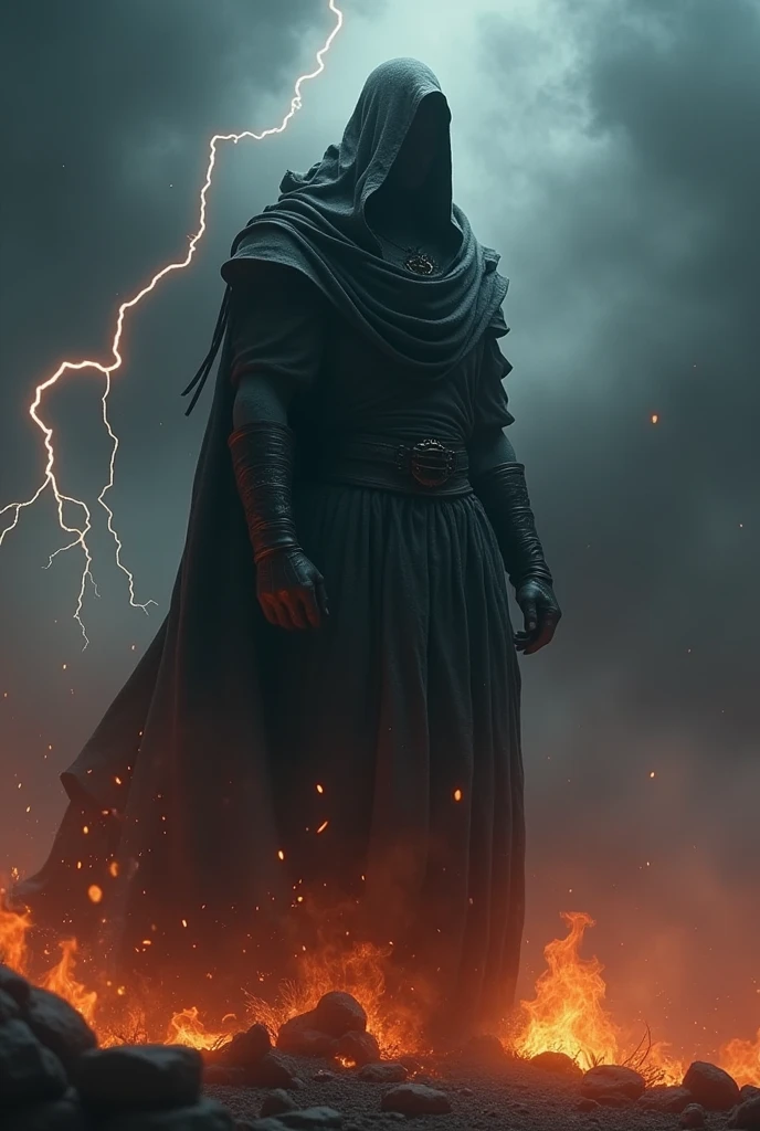 (((Very detailed, Ultra-realistic, 8k, High resolution, masterpiece))),giant god of death,Shabby cloak,fire,lightning,Black Smoke,Sickle(((Random Pause))),