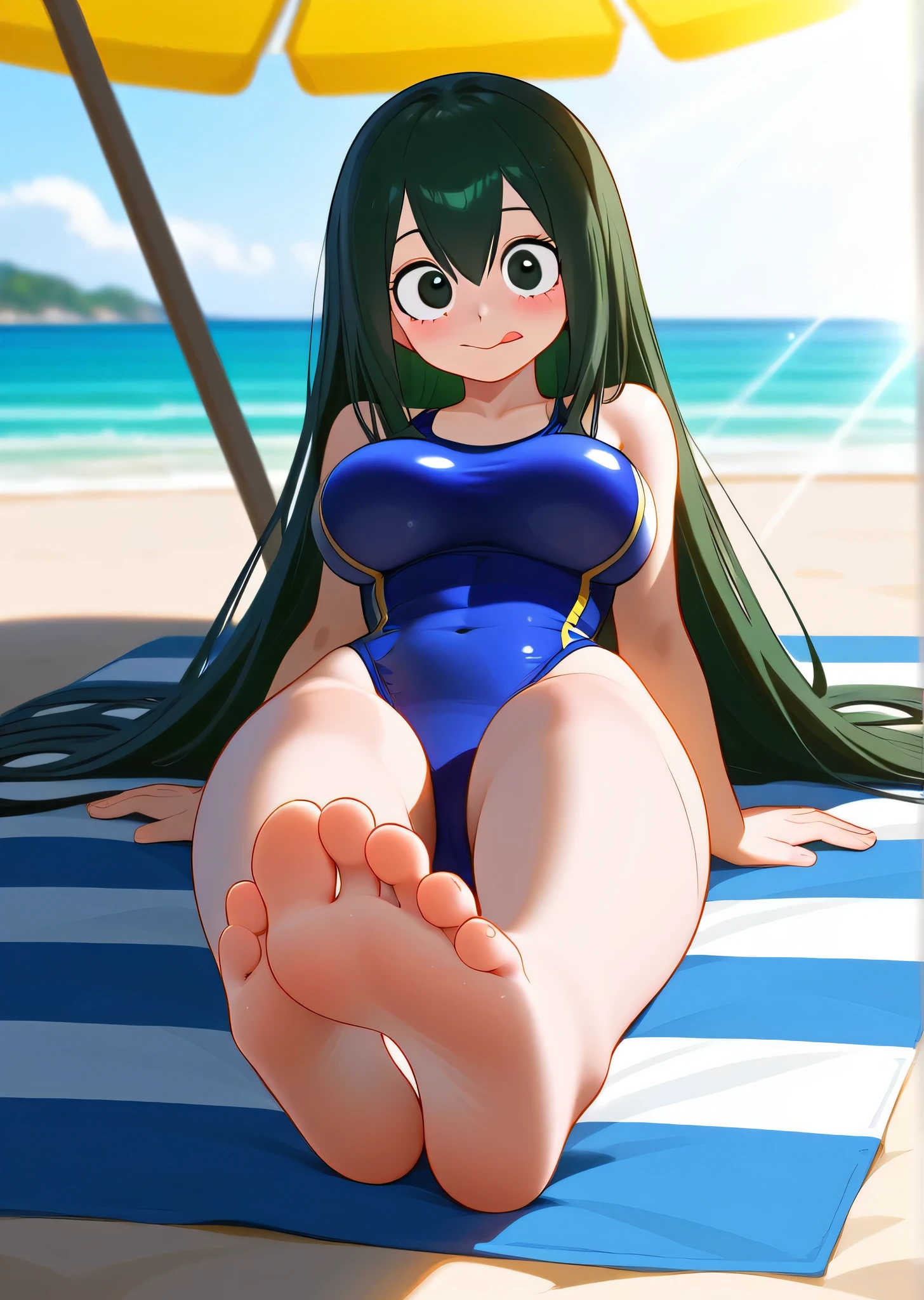 [asui_tsuyu], [Boku no hero academia], ((masterpiece)), ((high res)), ((solo portrait)), ((front view)), ((full body)), ((foot focus)), ((HD)), ((detailed shading)), ((intricate details)), {(attractive figure), (cute round green eyes), (long dark green hair), (short eyelashes), (beak-shaped lips), (large breasts), (curvy hips), (beautiful legs), (cute soft feet), (blank expression), (blushing), (sticking tongue out)}, {(blue one-piece swimsuit)}, {(sitting on beach towel), (looking at viewer)}, [ambient lighting, beach, ocean, sun rays]