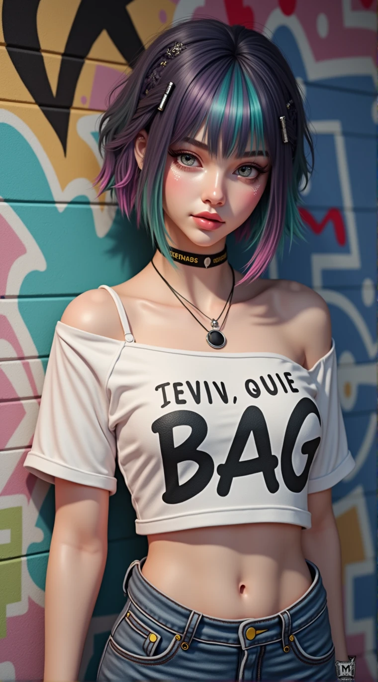 arafed woman with colorful hair and piercings posing in front of graffiti wall, anime style. 8k, anime style 4 k, cyberpunk anime girl, cyberpunk 2 0 y. o model girl, female cyberpunk anime girl, anime styled 3d, cyberpunk beautiful girl, hyper-realistic cyberpunk style, realistic anime 3 d style, digital cyberpunk anime art, cyberpunk girl, cleavage, 3d render, semi realistic, game Character,