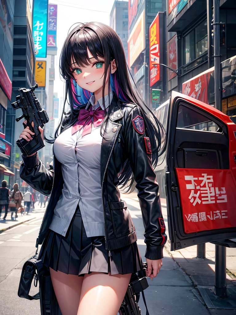 middle School girls，smile，Beautiful girls，Beautiful girl from another world，Gun of the Future，Girl holding an assault rifle in her hand，leather jacket，The best quality to get you horny，Psychic，Wizard，Uniform and cardiganコーデ，battle，Colorfulな髪色，Perfect Girl，Super cute girl，Cyberpunk Background，Cute uniform，Uniform of the Future，Wearing a cardigan，Long Hair、Sparkling eyes，She has her bangs down，Colorful，Ultra HD，Young girl，sex，Green Eyes，Naughty Girls，Full body image，Big Breasts，Beautiful Girl&#39;s Paradise，Fashion Girl，Naughty Girls，Beautiful Girl Country，High-dimensional beautiful girl，A beautiful girl who transcends everything，So beautiful，Absurd，Beautiful girls，