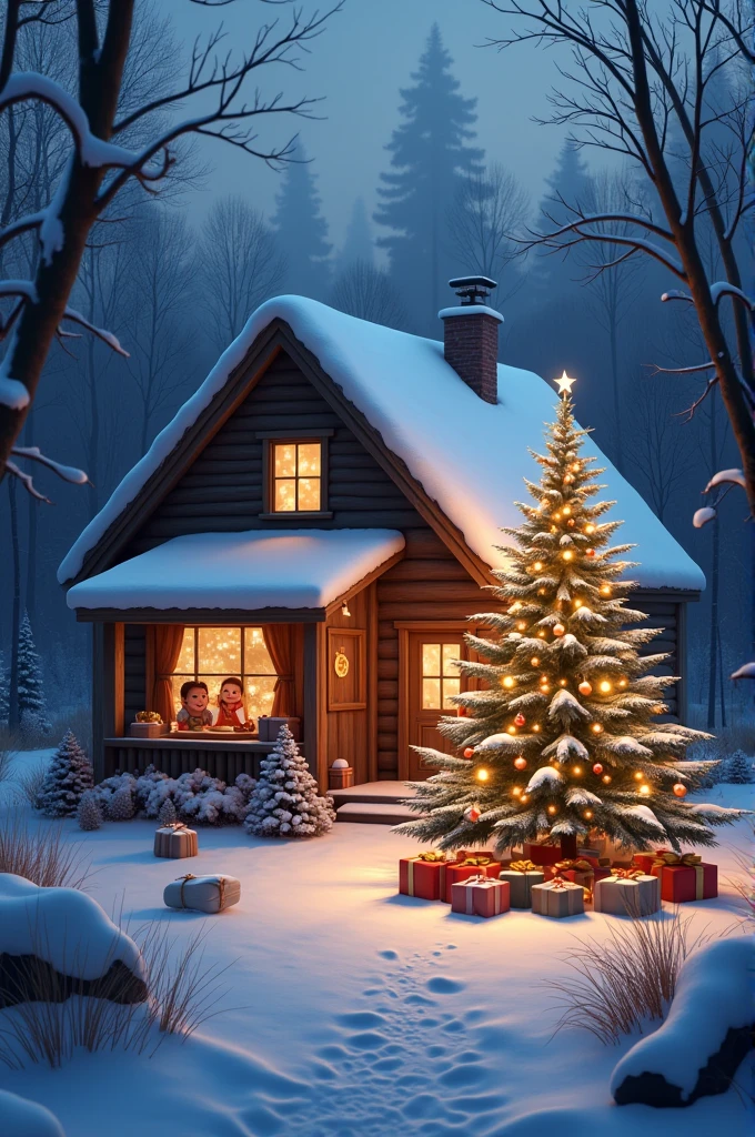 A picturesque snowy landscape outside a cabin in the woods, with warm light glowing from the windows. Inside, a family is gathered around a Christmas tree, laughing and sharing gifts. The scene is peaceful, with a soft twilight sky and a blanket of fresh snow.