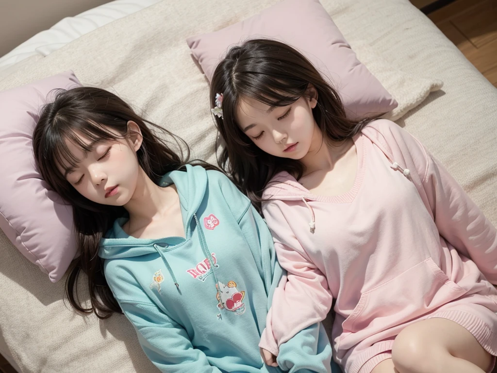 Two high school sisters sleeping while wearing oversized knitted hoodies as dresses。Smooth Wolf Cut。Sleeping in bed in room