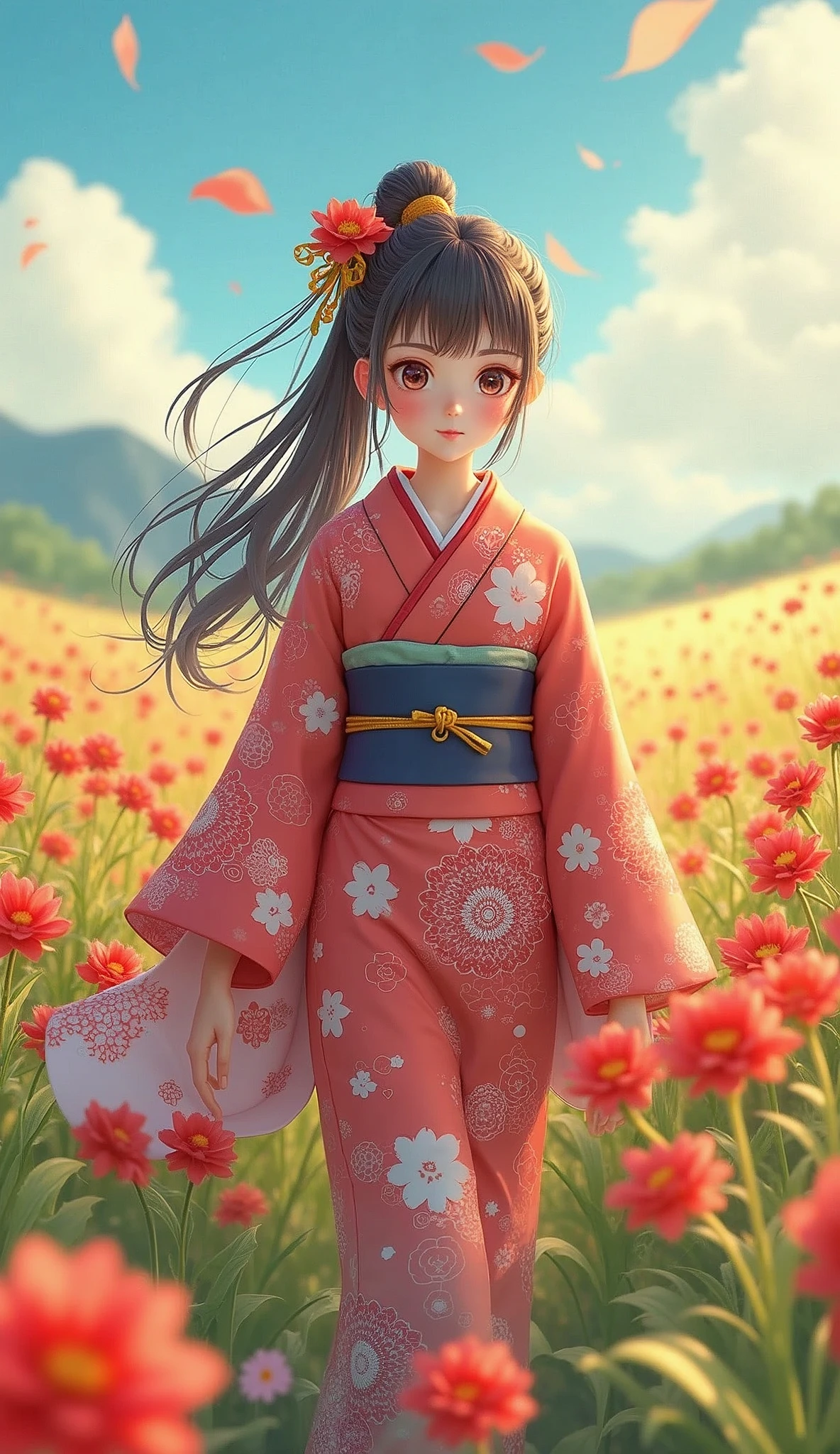 A girl walking through a vibrant flower field, wearing a detailed kimono, beautiful eyes and lips, smiling in a serene anime landscape, (best quality,4k,8k,highres,masterpiece:1.2),ultra-detailed,(realistic,photorealistic,photo-realistic:1.37),intricate details,enchanting colors,soft lighting,highly detailed,delicate petals,lush vegetation,tranquil atmosphere