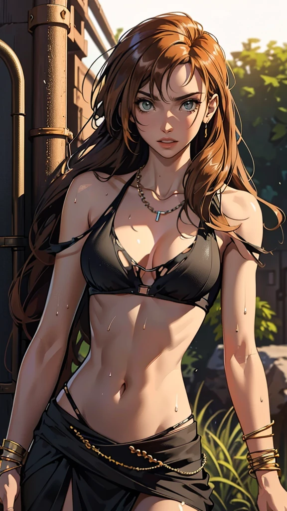 （lifelike， high - resolution：1.3）， 1 girl with a perfect body，slender body, Super fine face and eyes，assasin, dark makeup, shiny skin， light brown hair, (toned stomach)，Expose cleavage, (bracelets, tooth jewelry, a lot of necklaces, very long necklaces, necklaces down to stomach, body chains, waist chains), (post apocalyptic future, jungle wasteland. torn clothes, torn to shreds dress), (wet skin, shiny skin), large breasts