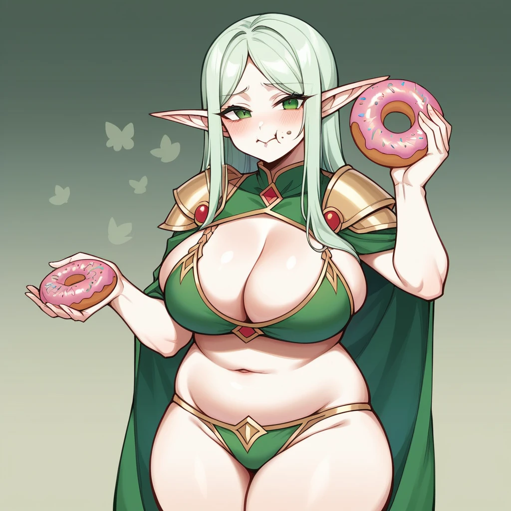 masterpiece、Highest quality、Very detailed、Very detailed、Ultra-realistic、Humorous、A delicate anime-style illustration。Medieval Europe、Cinematic lighting、Fairy donut shop in the deep forest、Elf warrior girl eating a donut、Chubby body type、Cleavage、Green bikini armor、Lost in the act of eating。