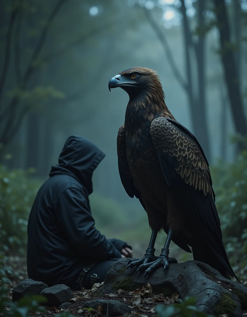 an image of an eagle sitting on the ground next to a man in a dark, by Kerembeyit, fantasy art, still from a fantasy movie, epic fantasy digital art style, epic fantasy artwork, epic fantasy digital art, dark souls art, fantasy movie still
