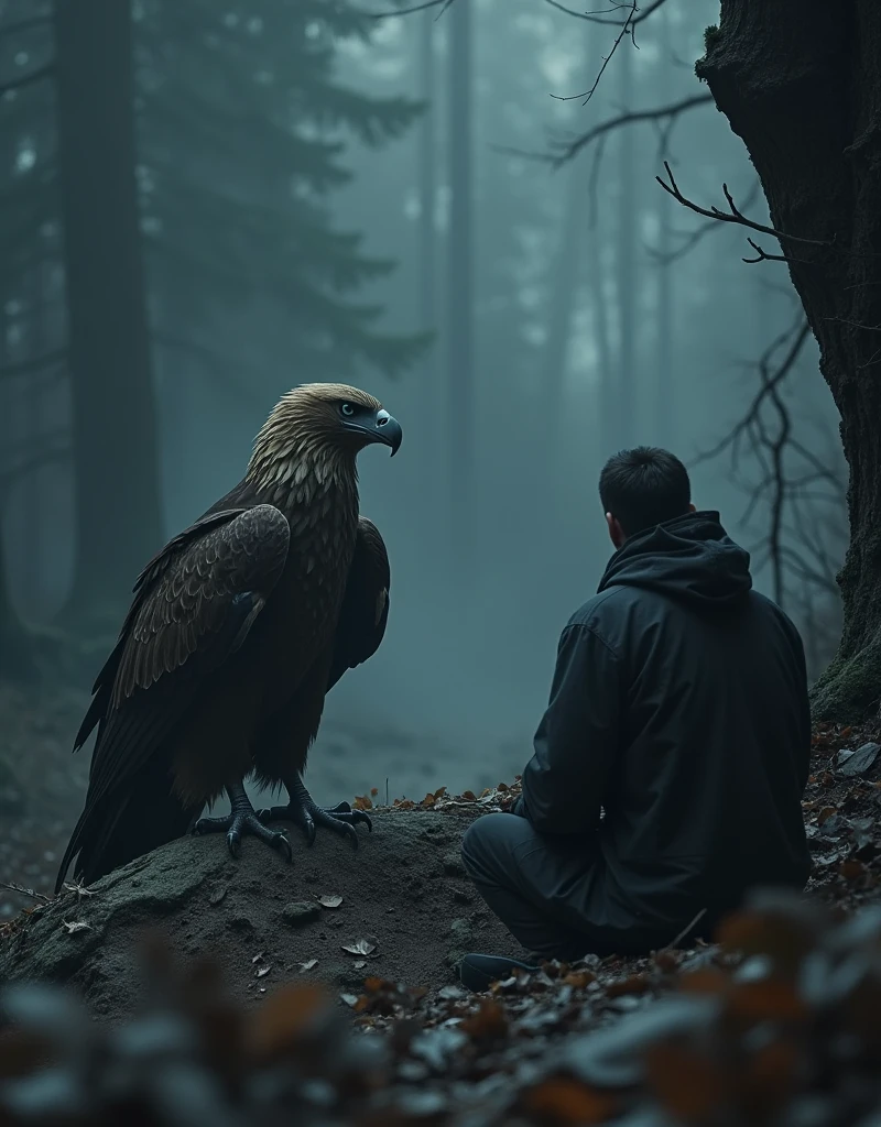 an image of an eagle sitting on the ground next to a man in a dark, by Kerembeyit, fantasy art, still from a fantasy movie, epic fantasy digital art style, epic fantasy artwork, epic fantasy digital art, dark souls art, fantasy movie still