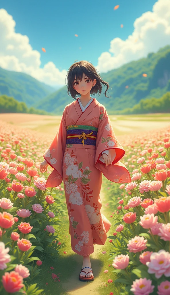 A girl walking through a vibrant flower field, wearing a detailed kimono, beautiful eyes and lips, smiling in a serene anime landscape, (best quality,4k,8k,highres,masterpiece:1.2),ultra-detailed,(realistic,photorealistic,photo-realistic:1.37),intricate details,enchanting colors,soft lighting,highly detailed,delicate petals,lush vegetation,tranquil atmosphere