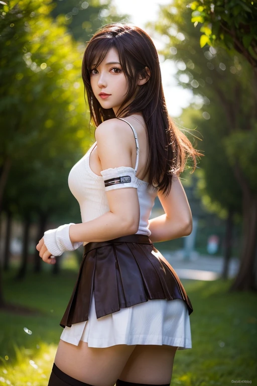 tifa lockhart, wallpaper, landscape, depth of field, night, light particles, light rays, side lighting, thighs, skirt, red eyes, brown hair, thigh high socks, arm sleeves
