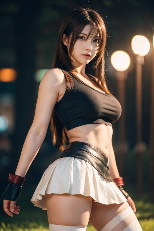 tifa lockhart, wallpaper, landscape, depth of field, night, light particles, light rays, side lighting, thighs, skirt, red eyes, brown hair, thigh high socks, arm sleeves
