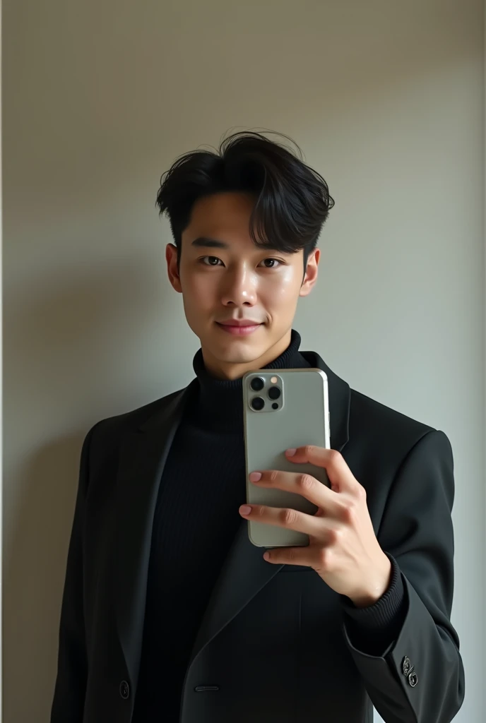 handsome korean college guy in all black suit, black semi pompadour hairstyle, full shaved, mirror selfie, iphone 15, indoors, cute, long chin, ameture