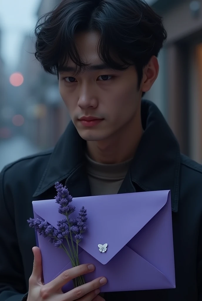 Image, 3d, 4k, details, hyper realistic, movie posters, A sad young man carrying a purple envelope with lavender flowers on it