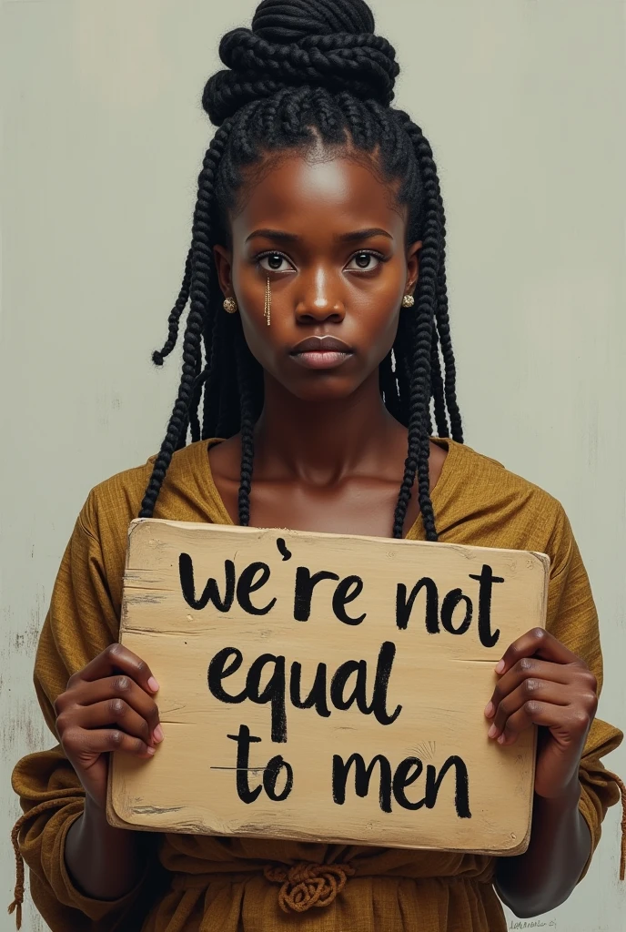 A beautiful IGBO  Light skin -lady with African braids hairstyle and Igbo wrapper carrying board written “we’re not equal to men” with tears on her face.
