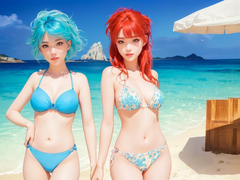 beautiful detailed eyes, beautiful detailed lips, extremely detailed eyes and face, long eyelashes, 1girl, bikini, blue hair, red hair, beach, realistic swimsuit, realistic, (best quality,4k,8k,highres,masterpiece:1.2),ultra-detailed,(realistic,photorealistic,photo-realistic:1.37),HDR,UHD,studio lighting,ultra-fine painting,sharp focus,physically-based rendering,extreme detail description,professional,vivid colors,bokeh,photography