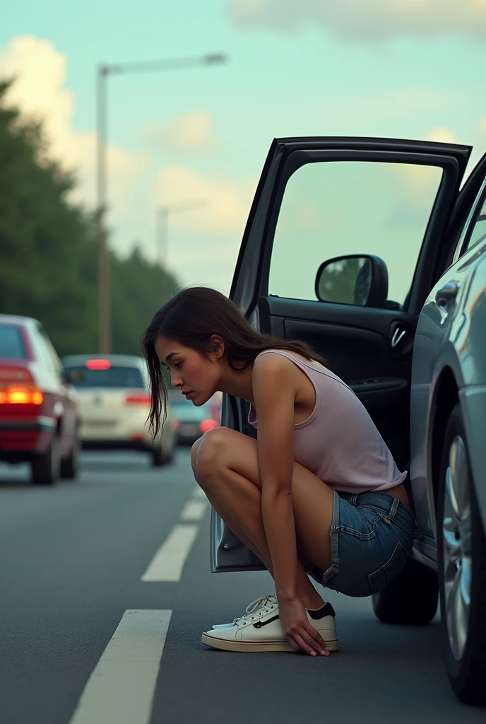 (A teen girl couldn’t hold it any longer)- She is currently peeing (urgently) at side of the freeway) ( sitting on car with the open car door to hide herself. (She made her parents pull over the car in from of traffic for pit stop)