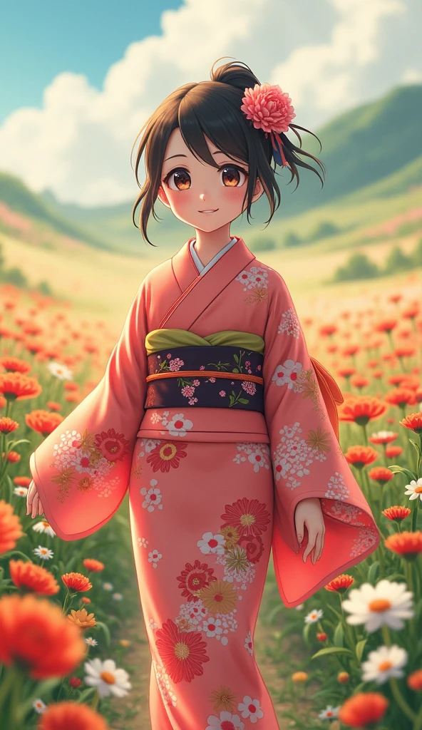 A girl walking through a vibrant flower field, wearing a detailed kimono, beautiful eyes and lips, smiling in a serene anime landscape, (best quality,4k,8k,highres,masterpiece:1.2),ultra-detailed,(realistic,photorealistic,photo-realistic:1.37),intricate details,enchanting colors,soft lighting,highly detailed,delicate petals,lush vegetation,tranquil atmosphere, smile ☺