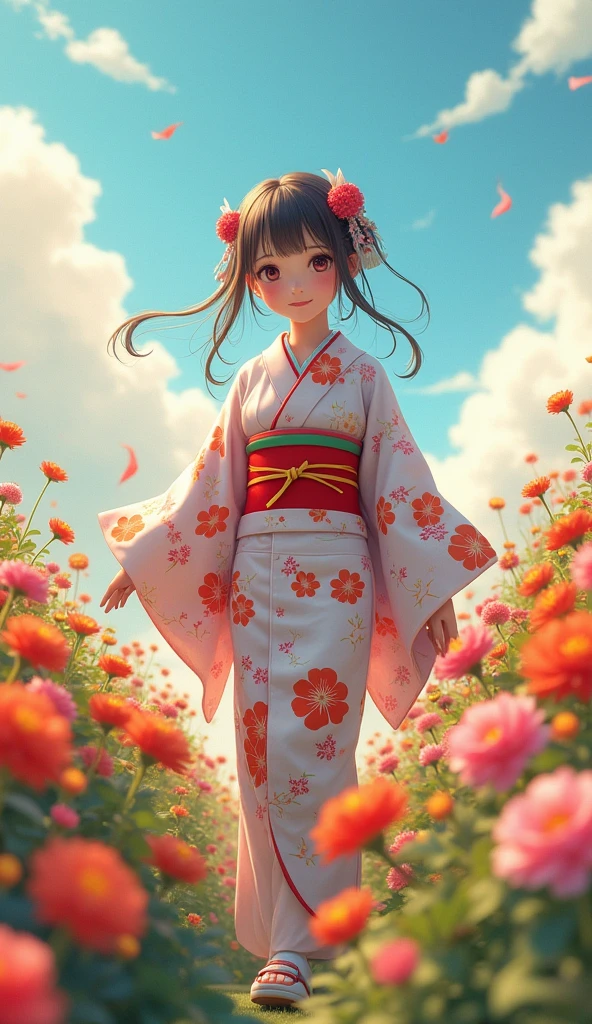 A girl walking through a vibrant flower field, wearing a detailed kimono, beautiful eyes and lips, smiling in a serene anime landscape, (best quality,4k,8k,highres,masterpiece:1.2),ultra-detailed,(realistic,photorealistic,photo-realistic:1.37),intricate details,enchanting colors,soft lighting,highly detailed,delicate petals,lush vegetation,tranquil atmosphere, smile ☺ 