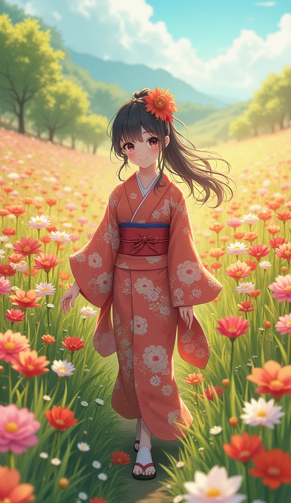 A girl walking through a vibrant flower field, wearing a detailed kimono, beautiful eyes and lips, smiling in a serene anime landscape, (best quality,4k,8k,highres,masterpiece:1.2),ultra-detailed,(realistic,photorealistic,photo-realistic:1.37),intricate details,enchanting colors,soft lighting,highly detailed,delicate petals,lush vegetation,tranquil atmosphere, smile ☺ 