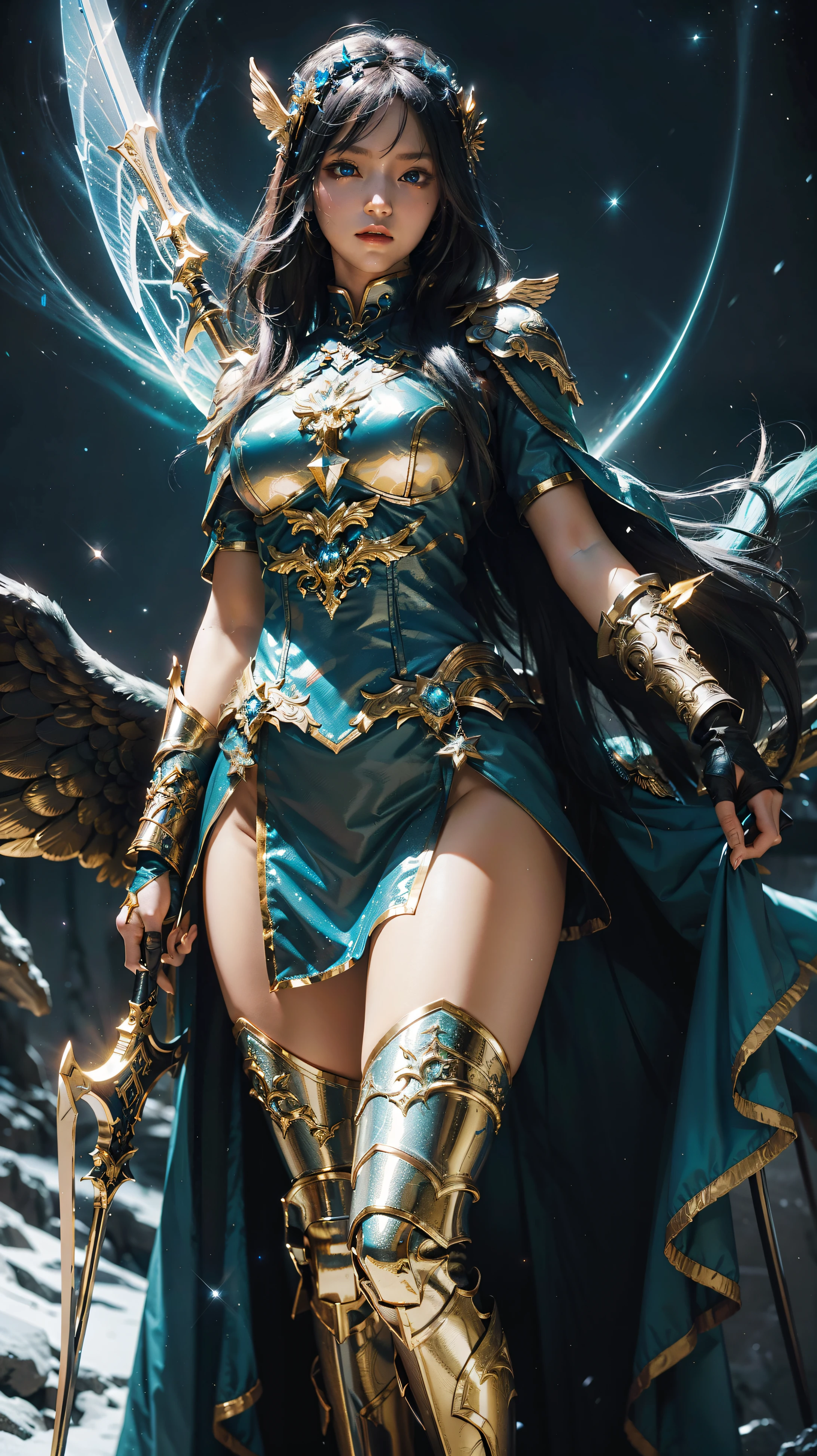 Tight shining fantasy valkyrie girl & Hero Galaxy with glowing blade glows、Very elaborately decorated suit, Sharp focus, Ultra-high resolution, (masterpiece), highest quality, Expressive eyes, Perfect Face, Cinema Lighting, Midnight Aura, 4K