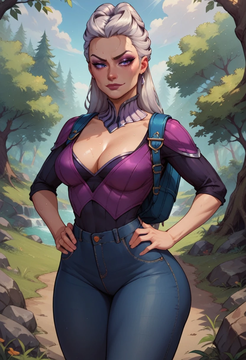 score_9, score_8_up, score_7_up, score_6_up, BREAK Sindel, wearing hiking outfit, backpack, cleavage, medium breasts, seductive smirk, hands holding own hips, sweating, wide hips, big ass, in a forest, jeans, long sleeved shirt