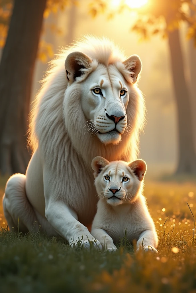 White lion with his cub(white+amber gold mix fur)