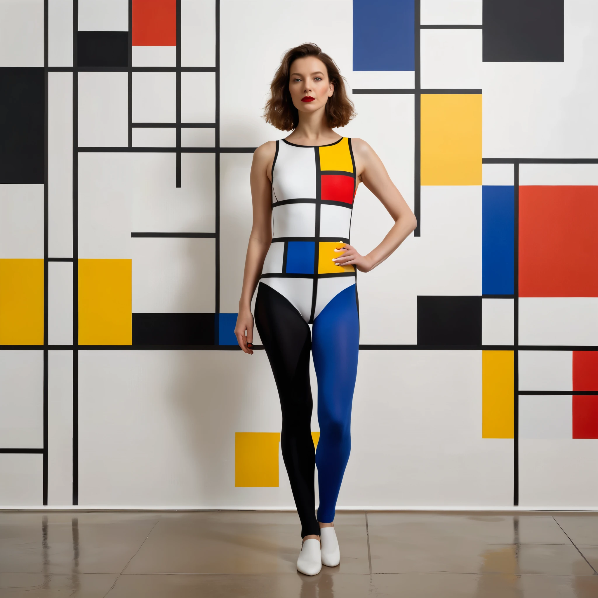 A woman wearing a leotard printed to resemble a Piet Mondrian painting standing in front of a wall also painted like a Piet Mondrian painting so that she is virtually camouflaged.