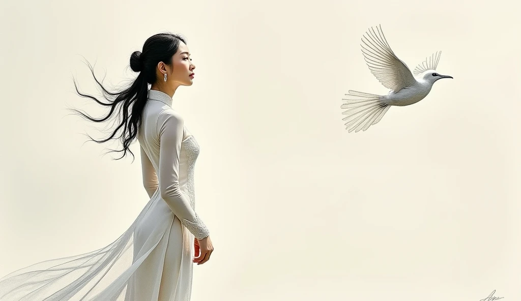 Draw me a Vietnamese model wearing traditional Vietnamese white ao dai. In the background, draw flying 100$ dollars. Head Shot. 