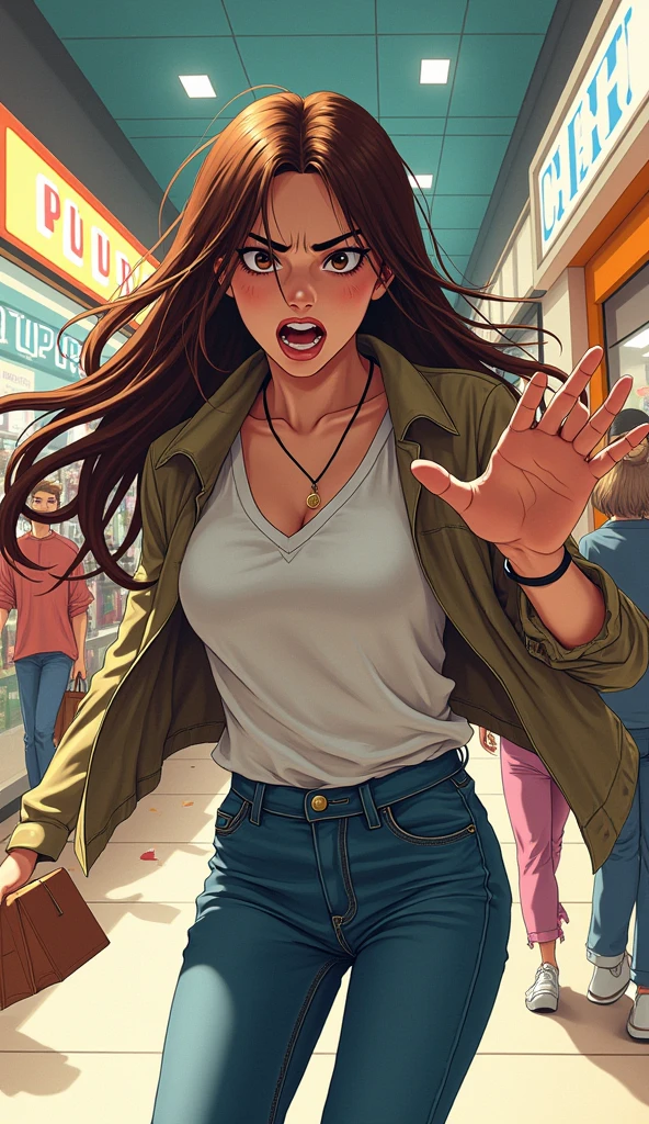 Japanese comic style，In the mall，Shopping，褐色Long hair的女性，Long hair，Angrily threw the thing in their hand，((angry face))