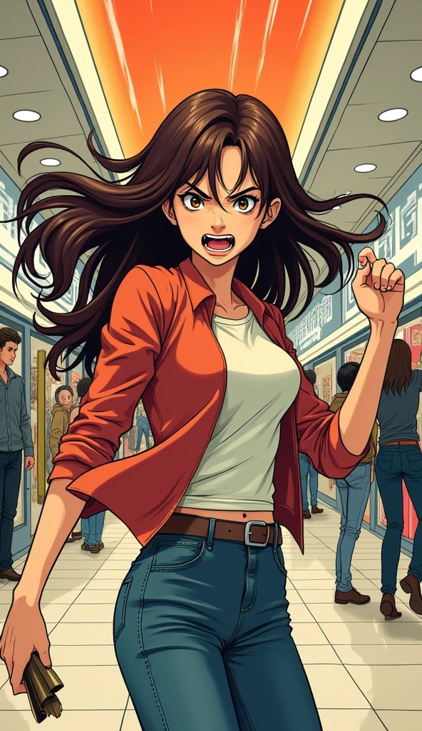 Japanese comic style,In the mall,Shopping,褐色Long hair的女性,Long hair,Angrily threw the thing in their hand,((angry face))